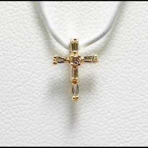 Tiny Diamond Baguette 14k Gold Baby Cross Pendant